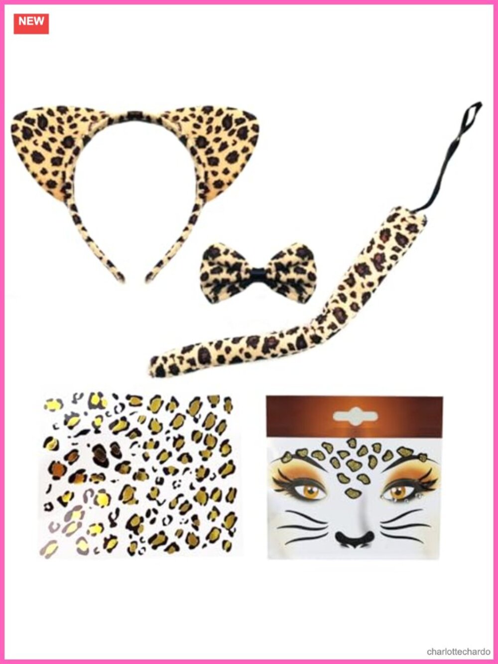 Leopard Cat Ears Headband Set Bow Tie Tail Face Stickers Cosplay Costume